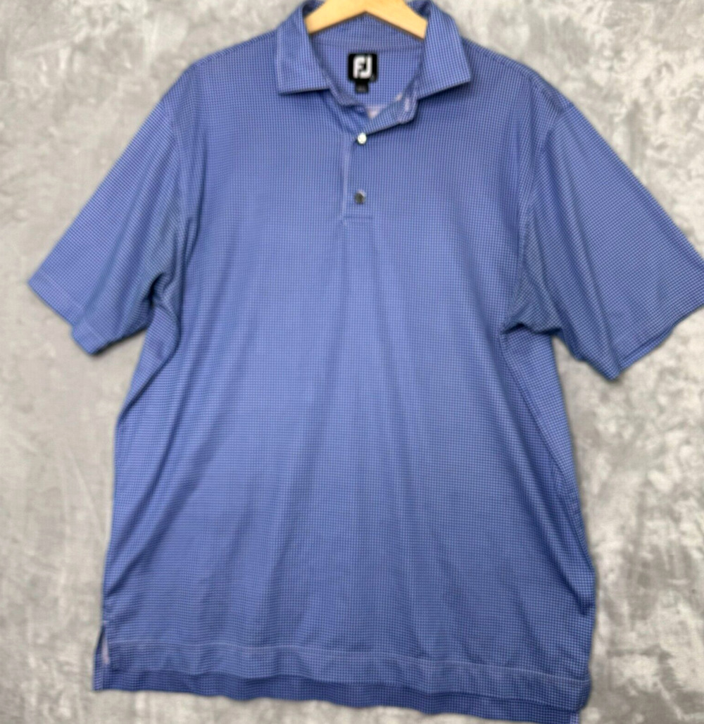 FootJoy Polo Mens L Blue White Houndstooth Check Short Sleeve Stretch Golf